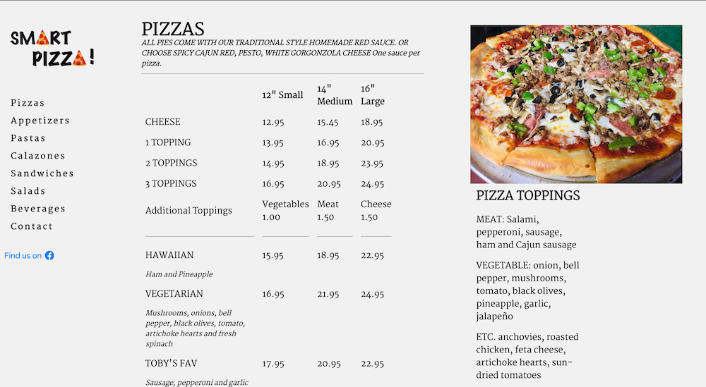 Smart Pizza menu website